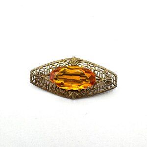Vintage Art Deco Filigree Amber Color Glass Gold Tone Brooch
